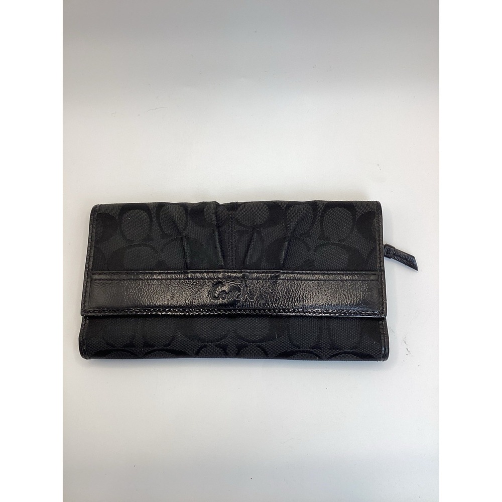Coach Soho Pleated Signature Slim Envelope Wallet Black Jacquard Patent Leather